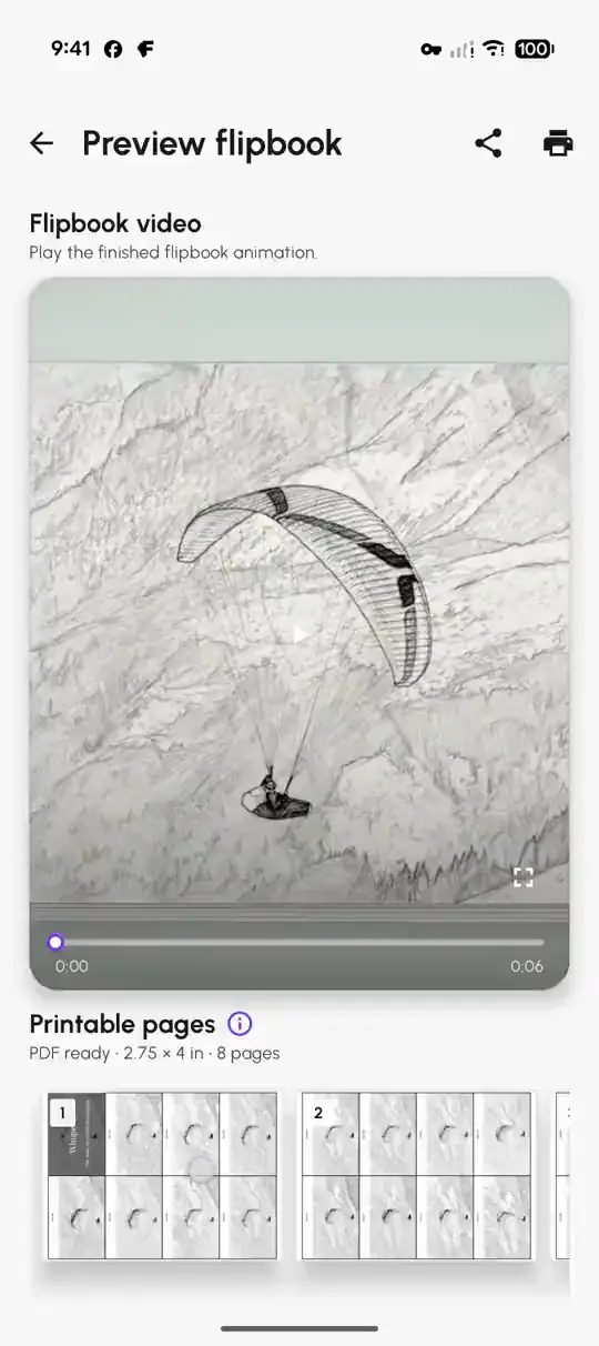 Flipbook preview with the flipbook video and the printable pages